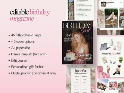 Birthday magazine template with editable features and cover options on a pink background.
