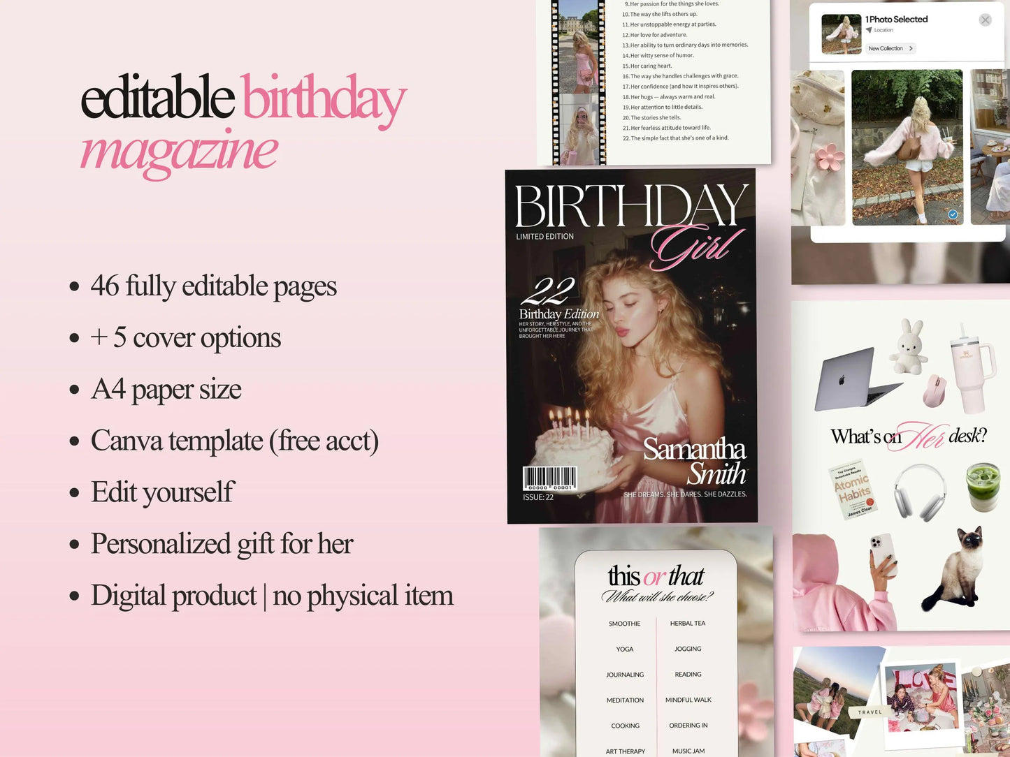 Birthday magazine template with editable features and cover options on a pink background.