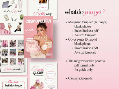 Cosmopolitan magazine template with product images and text on a pink background