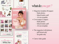Cosmopolitan magazine template with product images and text on a pink background