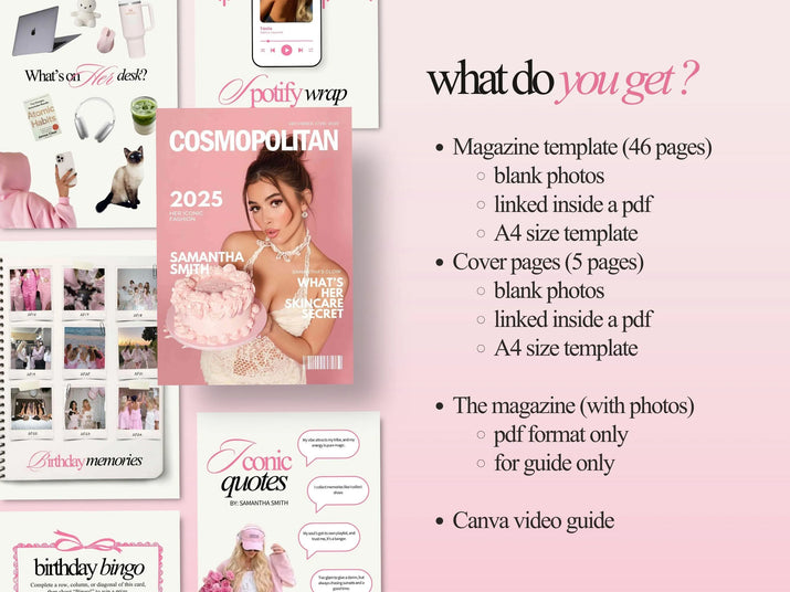 Cosmopolitan magazine template with product images and text on a pink background