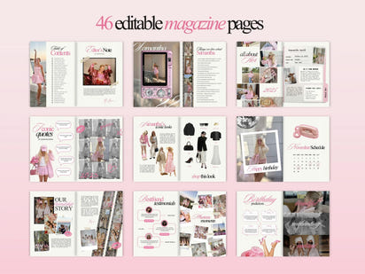 Collection of editable magazine pages on a pink background